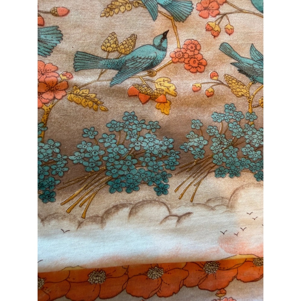 Vintage Scenic Stretch Fabric Blue Birds Orange Village Landscape Print 44"x56" - Picture 3 of 6